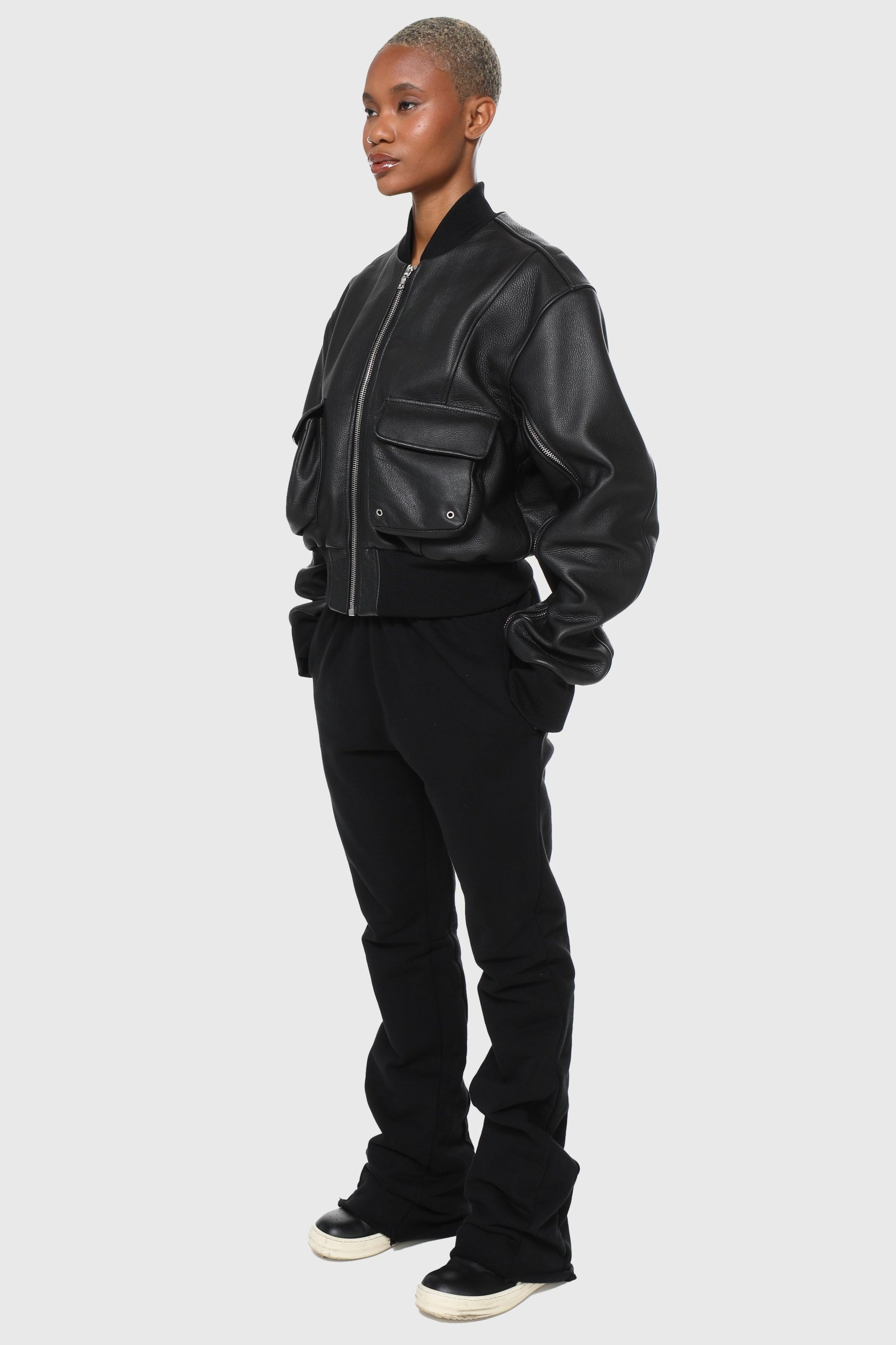 BLACK LEATHER BOMBER JACKET